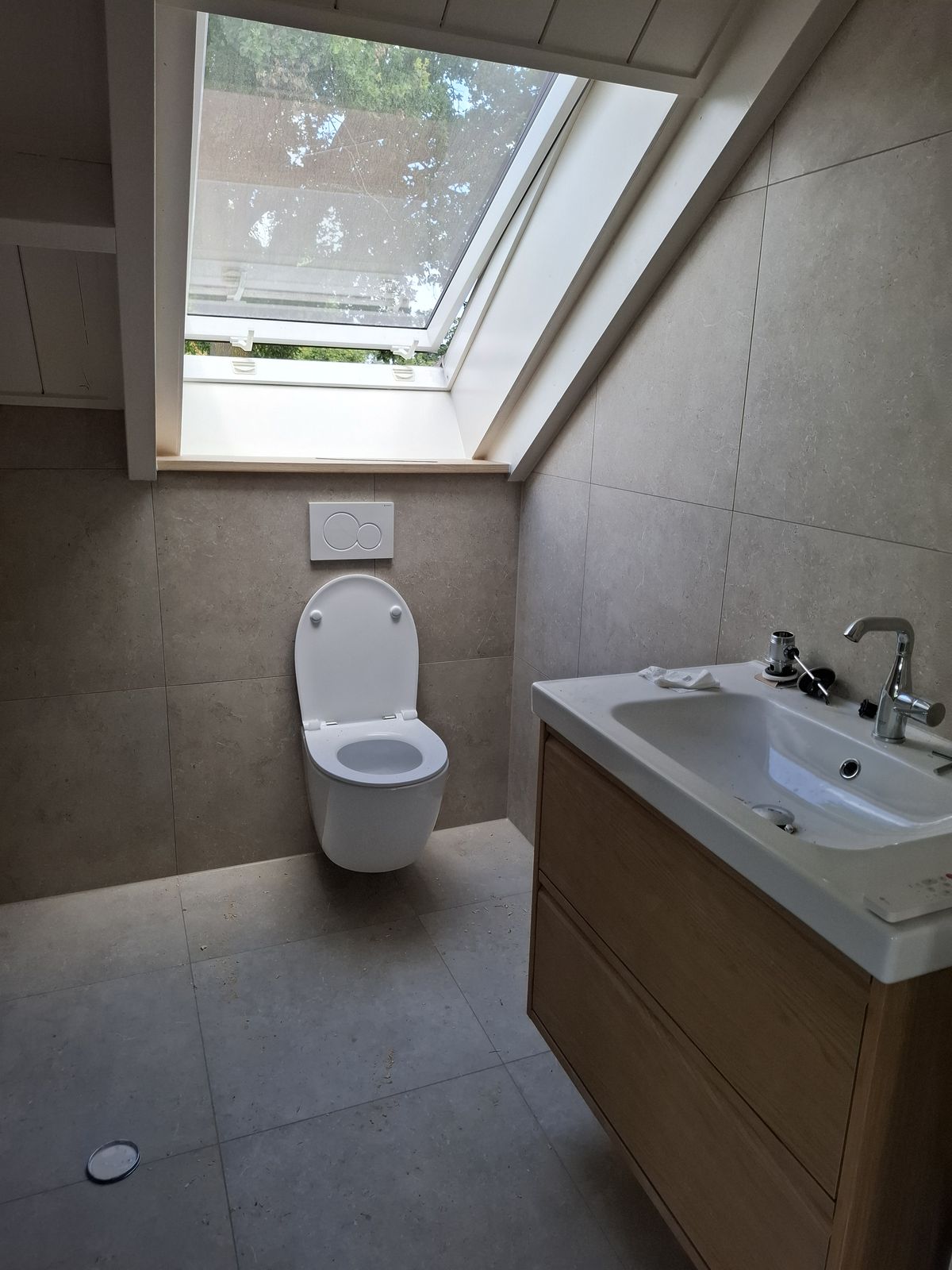Toilet en wastafel met dakraam in een badkamer van Strijpse Hoeve